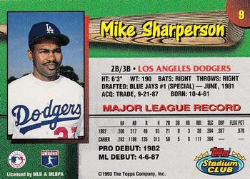 1993 Stadium Club Los Angeles Dodgers #9 Mike Sharperson Back