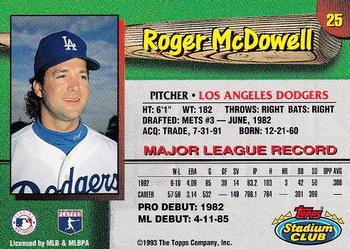 1993 Stadium Club Los Angeles Dodgers #25 Roger McDowell Back
