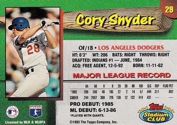 1993 Stadium Club Los Angeles Dodgers #29 Cory Snyder Back