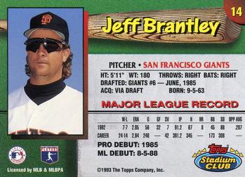 1993 Stadium Club San Francisco Giants #14 Jeff Brantley  Back