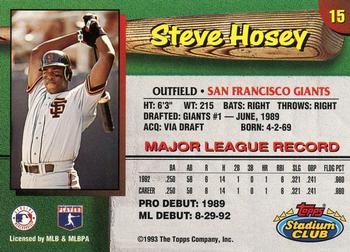 1993 Stadium Club San Francisco Giants #15 Steve Hosey  Back