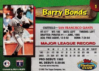 1993 Stadium Club San Francisco Giants #1 Barry Bonds  Back
