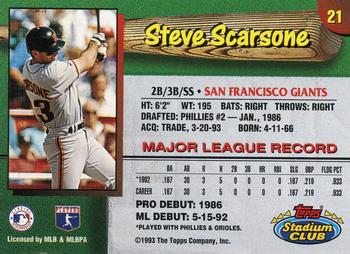 1993 Stadium Club San Francisco Giants #21 Steve Scarsone  Back