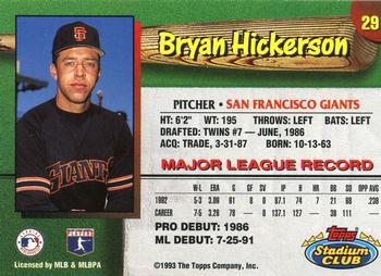 1993 Stadium Club San Francisco Giants #29 Bryan Hickerson  Back