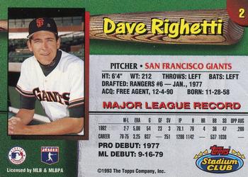 1993 Stadium Club San Francisco Giants #2 Dave Righetti  Back