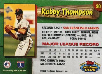 1993 Stadium Club San Francisco Giants #30 Robby Thompson  Back