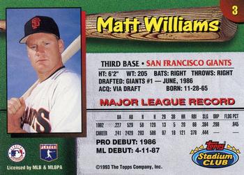 1993 Stadium Club San Francisco Giants #3 Matt Williams  Back