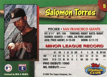 1993 Stadium Club San Francisco Giants #5 Salomon Torres  Back