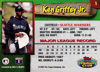 1993 Stadium Club Seattle Mariners #1 Ken Griffey Jr.  Back