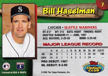 1993 Stadium Club Seattle Mariners #7 Bill Haselman  Back