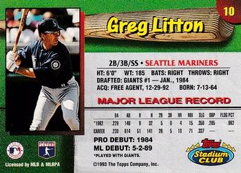 1993 Stadium Club Seattle Mariners #10 Greg Litton  Back