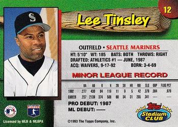 1993 Stadium Club Seattle Mariners #12 Lee Tinsley  Back