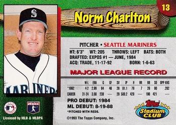 1993 Stadium Club Seattle Mariners #13 Norm Charlton  Back