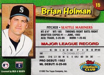 1993 Stadium Club Seattle Mariners #15 Brian Holman  Back