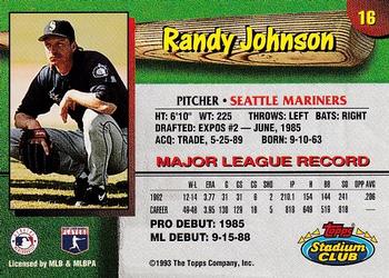 1993 Stadium Club Seattle Mariners #16 Randy Johnson  Back