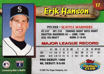 1993 Stadium Club Seattle Mariners #17 Erik Hanson  Back