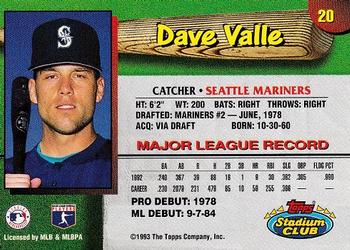 1993 Stadium Club Seattle Mariners #20 Dave Valle  Back