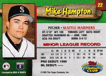 1993 Stadium Club Seattle Mariners #22 Mike Hampton  Back