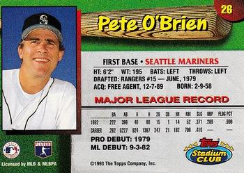 1993 Stadium Club Seattle Mariners #26 Pete O'Brien  Back