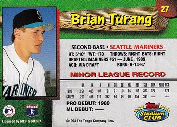 1993 Stadium Club Seattle Mariners #27 Brian Turang  Back