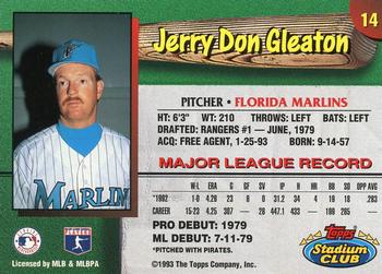 1993 Stadium Club Florida Marlins #14 Jerry Don Gleaton Back