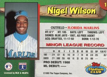 1993 Stadium Club Florida Marlins #1 Nigel Wilson Back