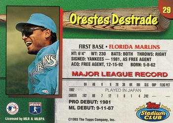 1993 Stadium Club Florida Marlins #29 Orestes Destrade Back