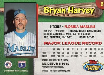 1993 Stadium Club Florida Marlins #2 Bryan Harvey Back