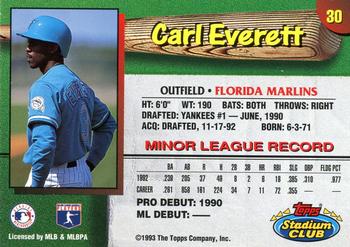 1993 Stadium Club Florida Marlins #30 Carl Everett Back