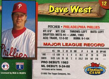 1993 Stadium Club Philadelphia Phillies #12 Dave West Back