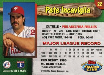 1993 Stadium Club Philadelphia Phillies #22 Pete Incaviglia  Back