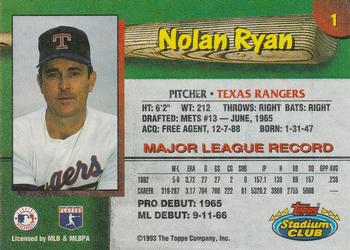 1993 Stadium Club Texas Rangers #1 Nolan Ryan  Back