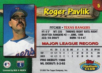 1993 Stadium Club Texas Rangers #5 Roger Pavlik  Back