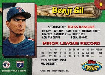 1993 Stadium Club Texas Rangers #9 Benji Gil  Back