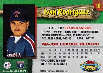 1993 Stadium Club Texas Rangers #10 Ivan Rodriguez  Back