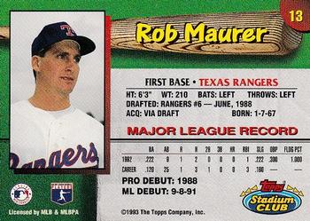 1993 Stadium Club Texas Rangers #13 Rob Maurer  Back