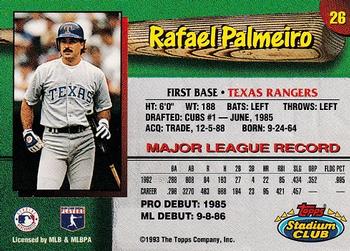 1993 Stadium Club Texas Rangers #26 Rafael Palmeiro  Back
