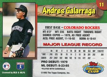 1993 Stadium Club Colorado Rockies #11 Andres Galarraga  Back