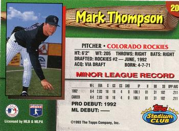 1993 Stadium Club Colorado Rockies #20 Mark Thompson  Back