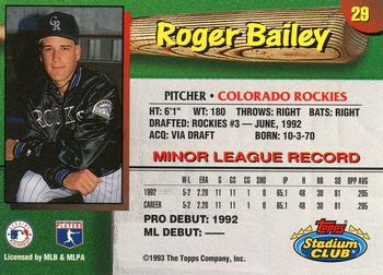 1993 Stadium Club Colorado Rockies #29 Roger Bailey  Back