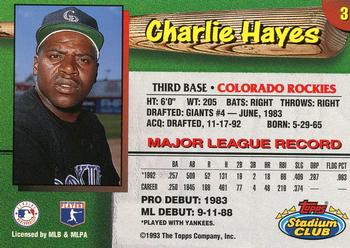 1993 Stadium Club Colorado Rockies #3 Charlie Hayes  Back