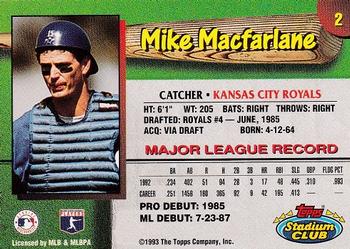 1993 Stadium Club Kansas City Royals #2 Mike Macfarlane  Back