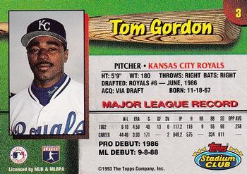 1993 Stadium Club Kansas City Royals #3 Tom Gordon  Back