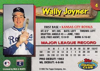 1993 Stadium Club Kansas City Royals #4 Wally Joyner  Back