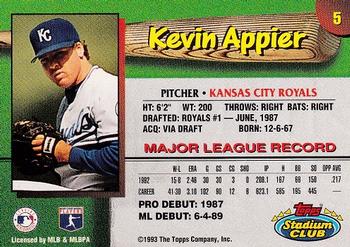 1993 Stadium Club Kansas City Royals #5 Kevin Appier  Back
