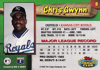 1993 Stadium Club Kansas City Royals #9 Chris Gwynn  Back