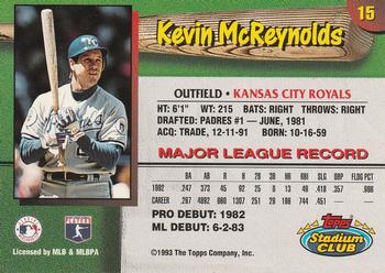 1993 Stadium Club Kansas City Royals #15 Kevin McReynolds  Back