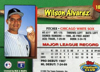 1993 Stadium Club Chicago White Sox #10 Wilson Alvarez  Back