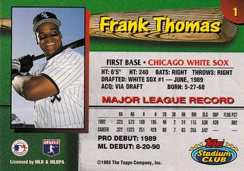 1993 Stadium Club Chicago White Sox #1 Frank Thomas  Back