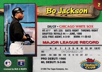 1993 Stadium Club Chicago White Sox #2 Bo Jackson  Back